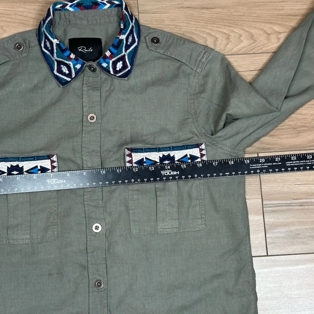 Rails Button Up Shirt Long Sleeve Aztec Trim Olive Green Casual - Picture 5 of 9